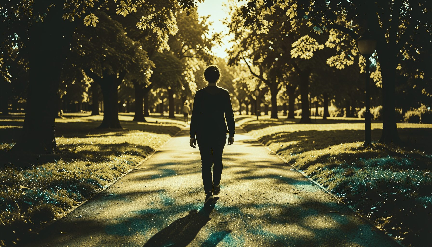 Duotone photograph of a person walking through a sunlit park path, warm amber and olive tones, peaceful and active mood