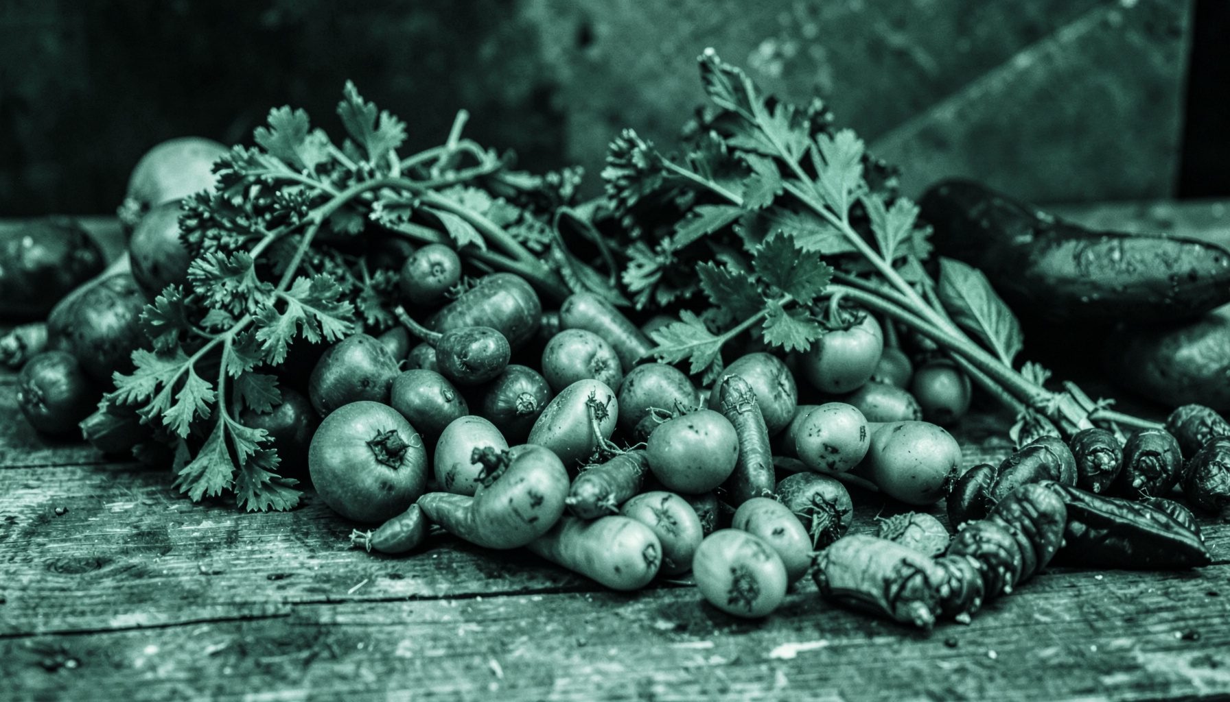 Duotone photograph of fresh vegetables and legumes arranged on a rustic table, deep green and earthy brown tones, wholesome and natural mood